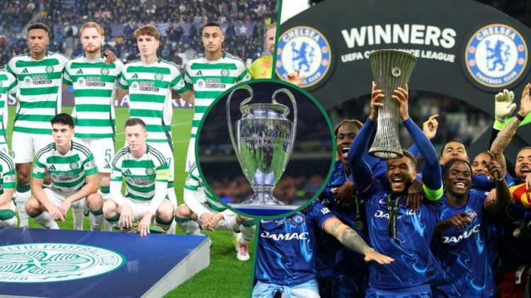 Celtic pose before a Champions League game against Atalanta, an inset of the Champions League trophy, Chelsea lift the Conference League trophy