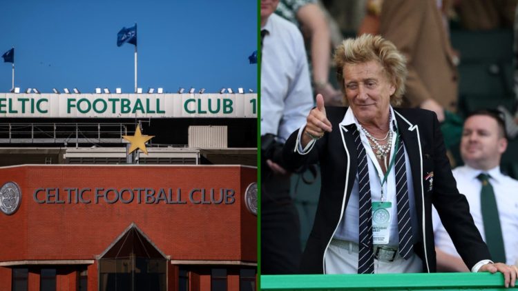 Split image of music superstar Rod Stewart at Celtic Park for the Trophy Day draw vs St Mirren and outside view of the Celtic Park stadium