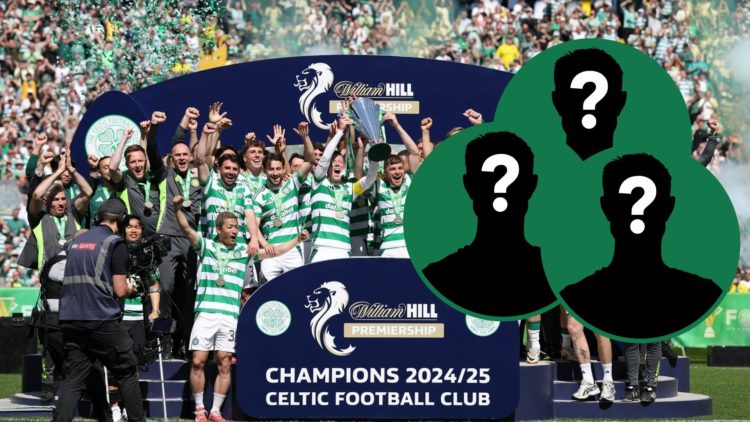 Celtic's players lift the Scottish Premiership at Celtic Park, three insets of mystery men