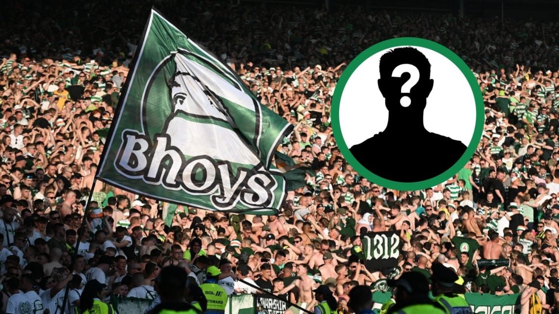An image of the Celtic fans with a huge flag for the Scottish Cup final in 2023, including an inset of a mystery player.