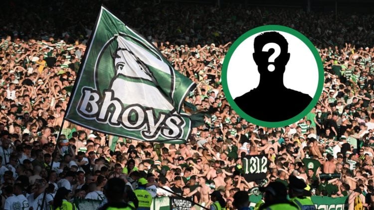 An image of the Celtic fans with a huge flag for the Scottish Cup final in 2023, including an inset of a mystery player.
