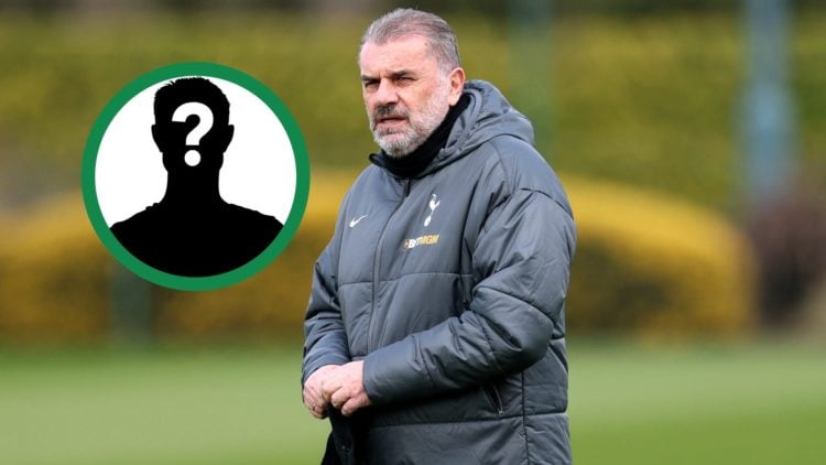 Ex-Celtic manager Ange Postecoglou in Tottenham training, including an inset of a mystery player.