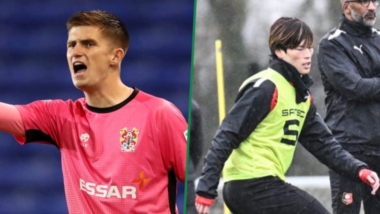 Ross Doohan shouts in action for Tranmere Rovers left and Kyogo during training for Stade Rennais right