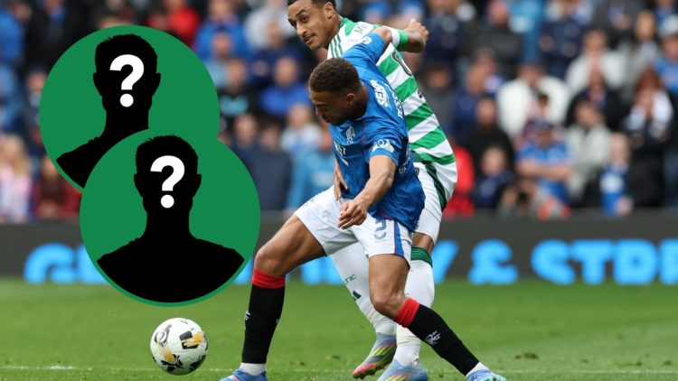 Celtic's Adam Idah fends off a challenge from Rangers' Cyriel Dessers, two insets of mystery men figures