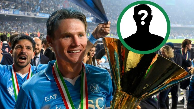 An image of Scott McTominay celebrating winning the Serie A title with Napoli, including an inset of a mystery player.
