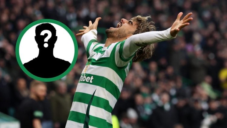 Jota celebrating scoring a goal for Celtic, including an inset of a mystery player.