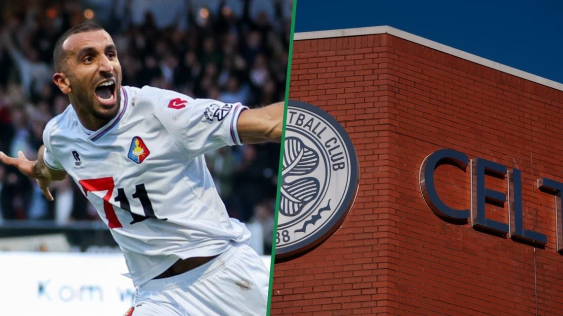 Youssef El Kachati celebrates for Telstar left and exterior view of Celtic Park right