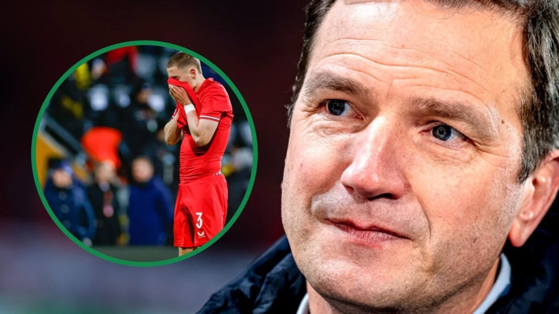 FC Twente technical director Arnold Bruggink right and Gustaf Lagerbielke looking dejected inset left