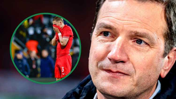FC Twente technical director Arnold Bruggink right and Gustaf Lagerbielke looking dejected inset left