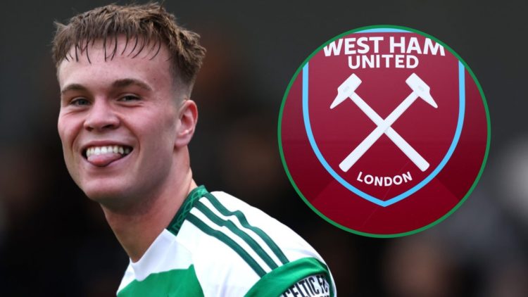 Daniel Cummings celebrates for Celtic B left and West Ham United badge right inset