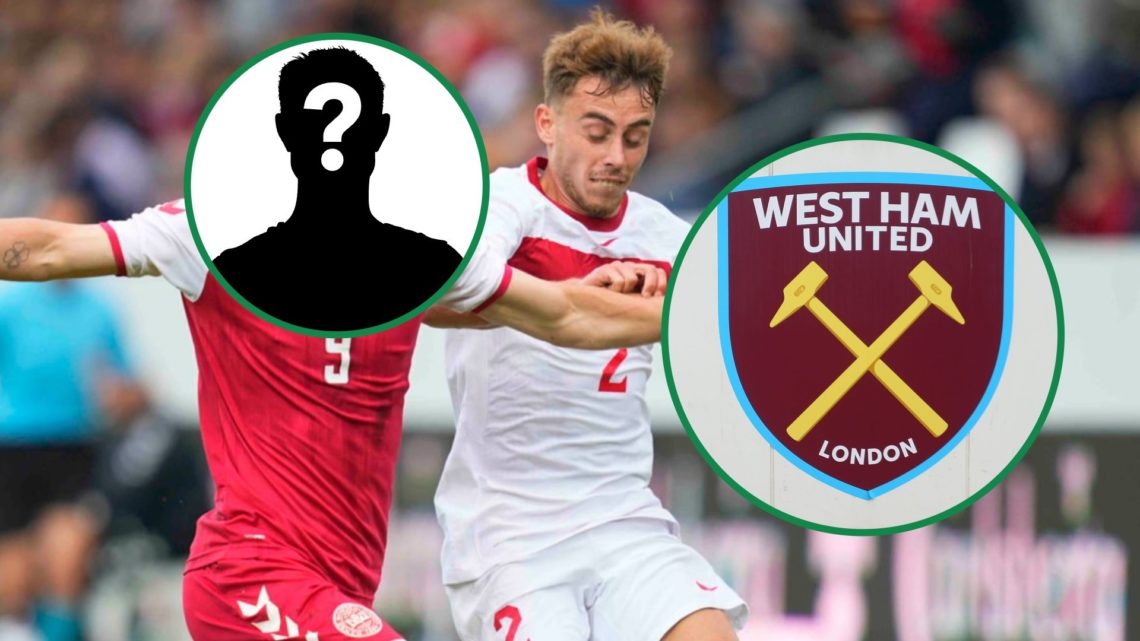 Mathias Kvistgaarden with mystery overlay over head playing for Denmark U21 left and West Ham United badge inset right