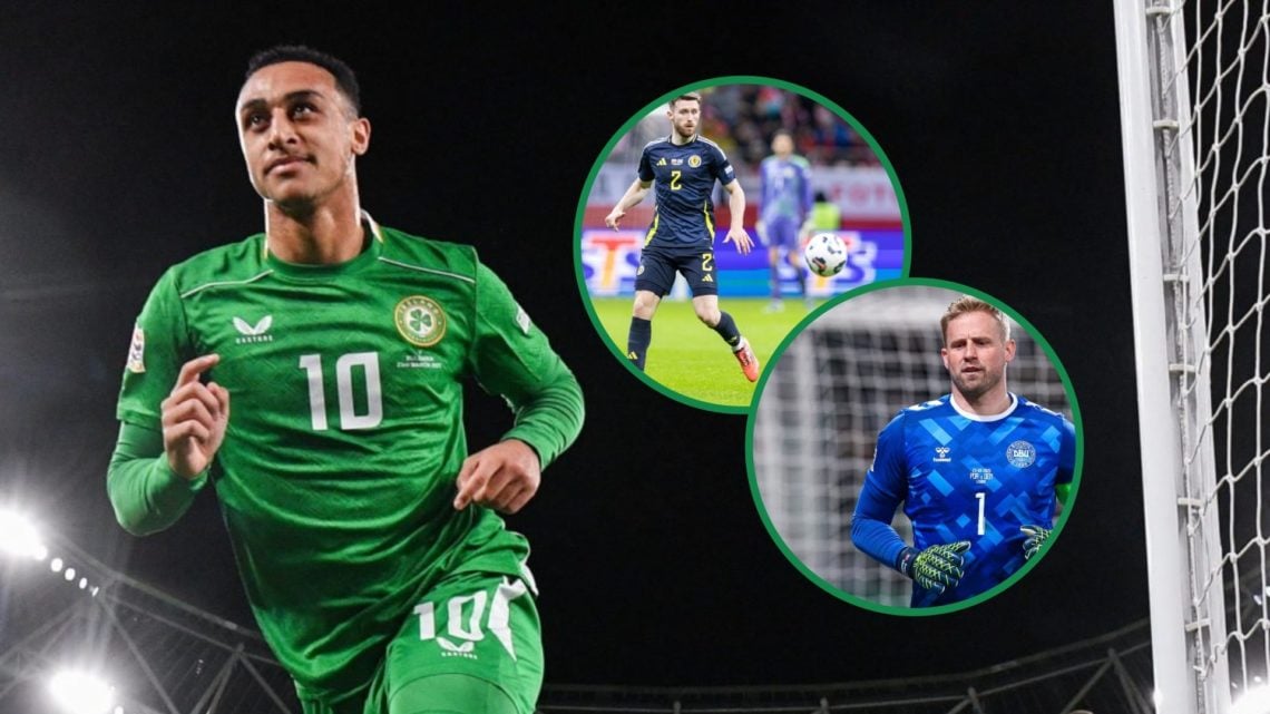 Adam Idah celebrates after scoring for Ireland left, Kasper Schmeichel playing for Denmark and Anthony Ralston playing for Scotland both inset right