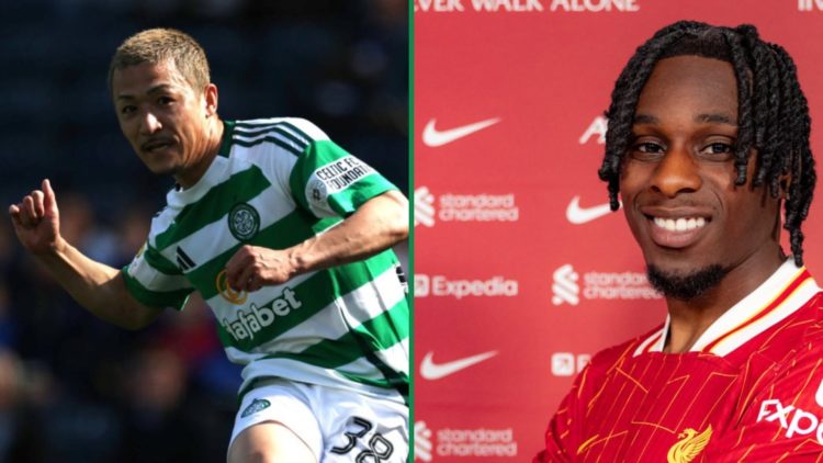 Daizen Maeda scores for Celtic at Hampden Park left and Jeremie Frimpong poses as he signs for Liverpool right