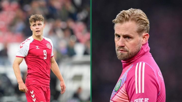 Mathias Kvistgaarden representing Denmark U21 v Turkey U21, Kasper Schmeichel watches on during Bayern Munich vs Celtic