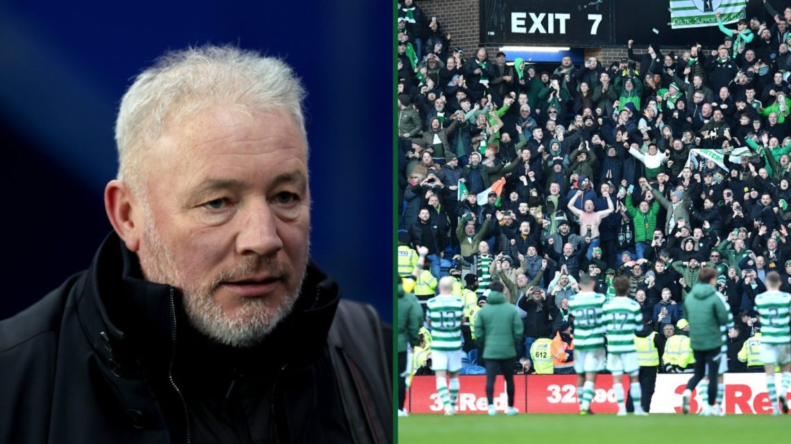 Split image of former Rangers striker Ally McCoist and Celtic fans celebrating inside Ibrox