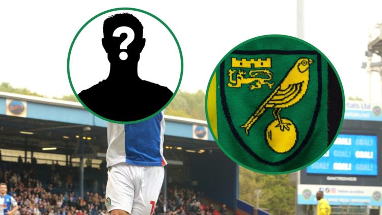 Blackburn Rovers star Tyrhys Dolan celebrates with mystery overlay covering face left and Norwich City badge inset right