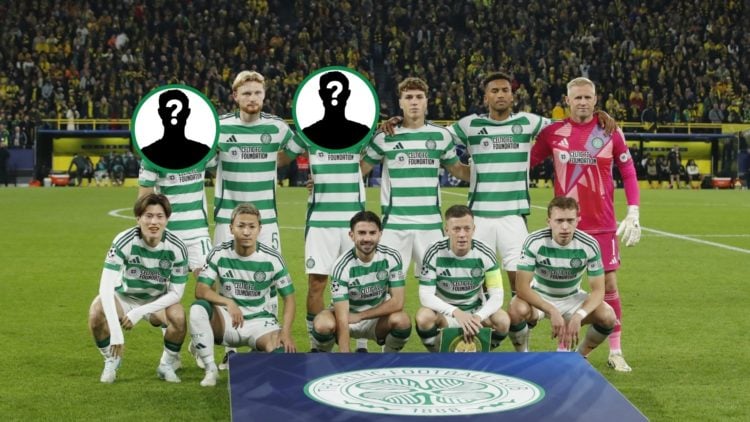 Celtic starting XI lining up for a Champions League away game vs Borussia Dortmund with two players' faces concealed by mystery overlays