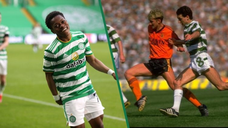 Karamoko Dembele [L] smiles during a Celtic Scottish Premiership game, Paul McStay [R] in action for Celtic against Dundee United