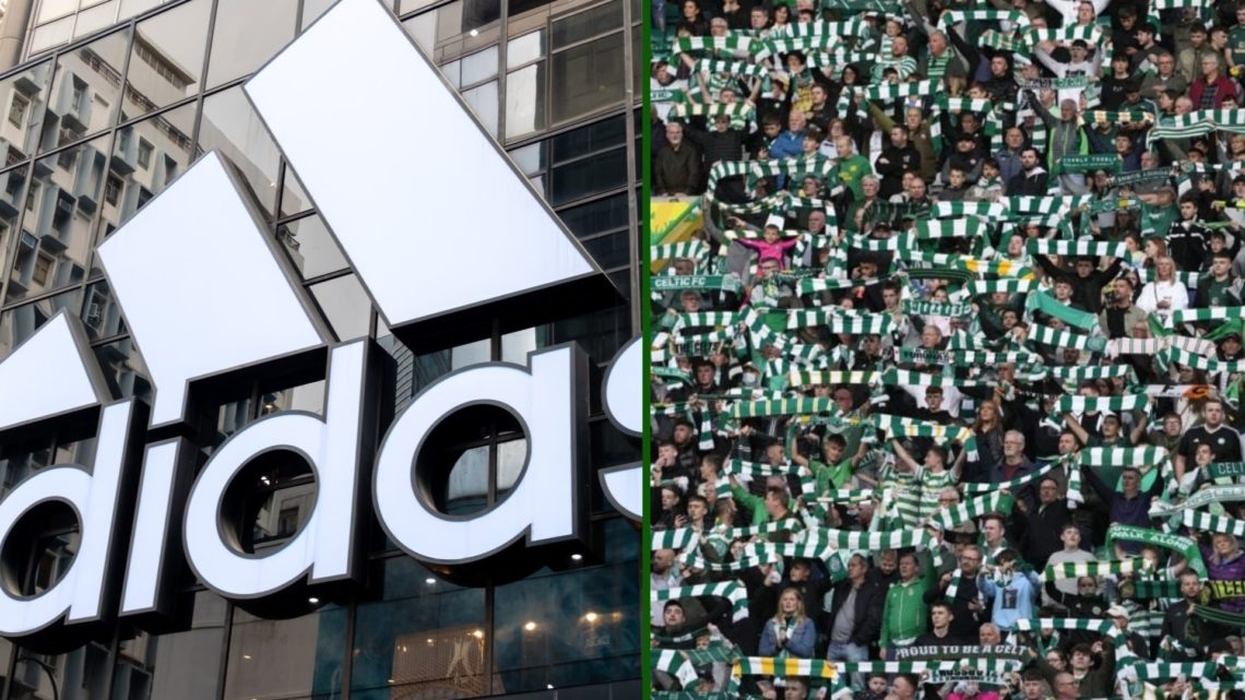 Split image of Adidas Headquarters and Celtic fans inside Parkhead