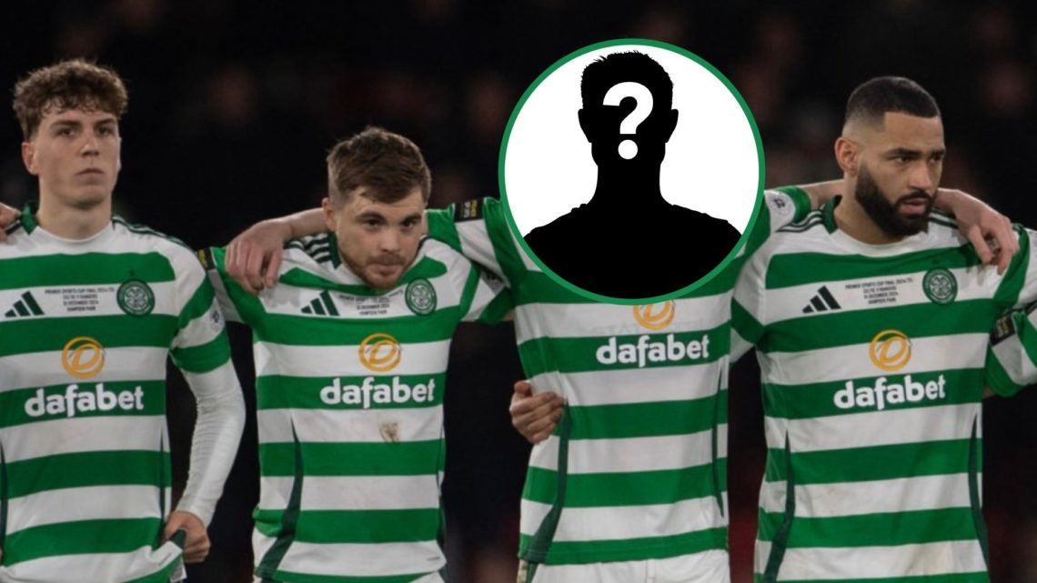 Four Celtic players with arms round each other, mystery figure right of centre