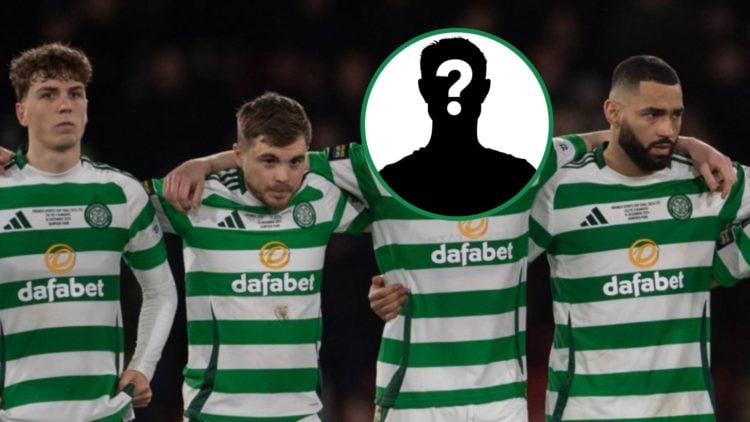 Four Celtic players with arms round each other, mystery figure right of centre