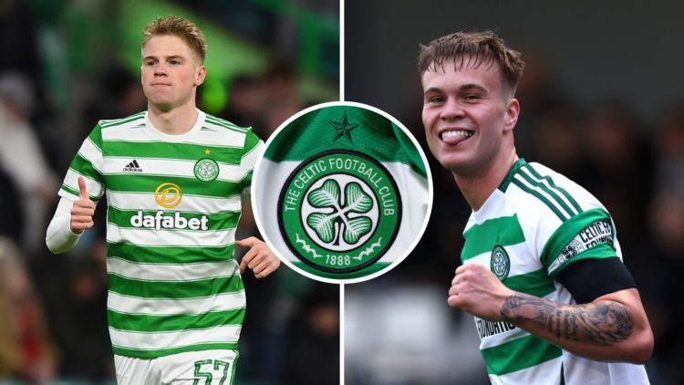 Stephen Welsh [L] gives a thumbs up to a Celtic teammate, an inset of a Celtic badge, Daniel Cummings [R] reacts after scoring for Celtic B