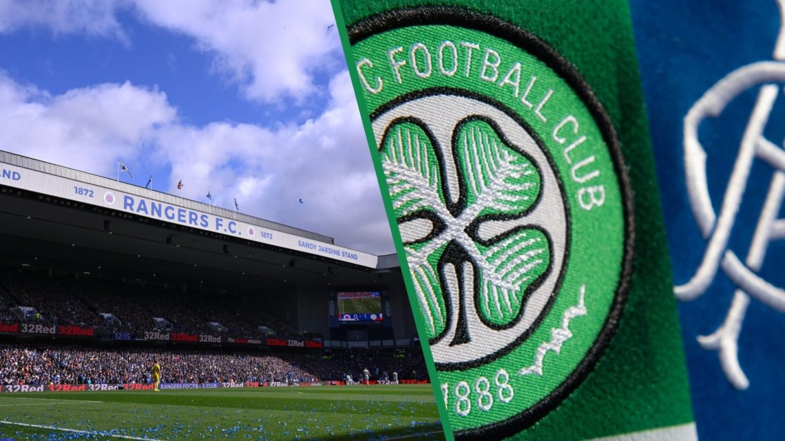 Ibrox on left and Celtic & Rangers badges on right