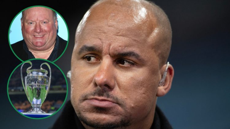 Gabby Agbonlahor works as a pundit for Amazon Prime, inset of the Champions League trophy and an inset of Alan Brazil attending a premiere