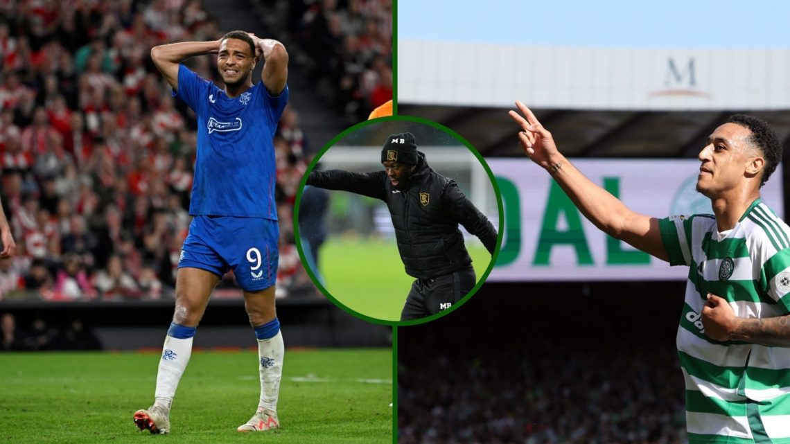 Three-way image of Rangers striker Cyriel Dessers and Celtic striker Adam Idah with a Marvin Bartley overlay