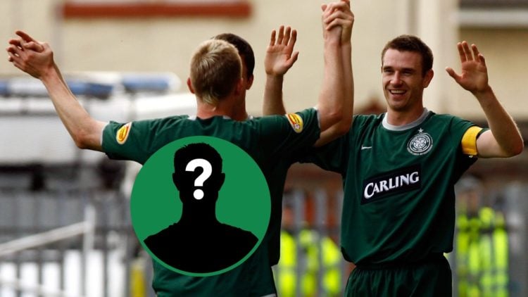 Stephen McManus celebrates scoring for Celtic with Derek Riordan, an inset of a mystery figure