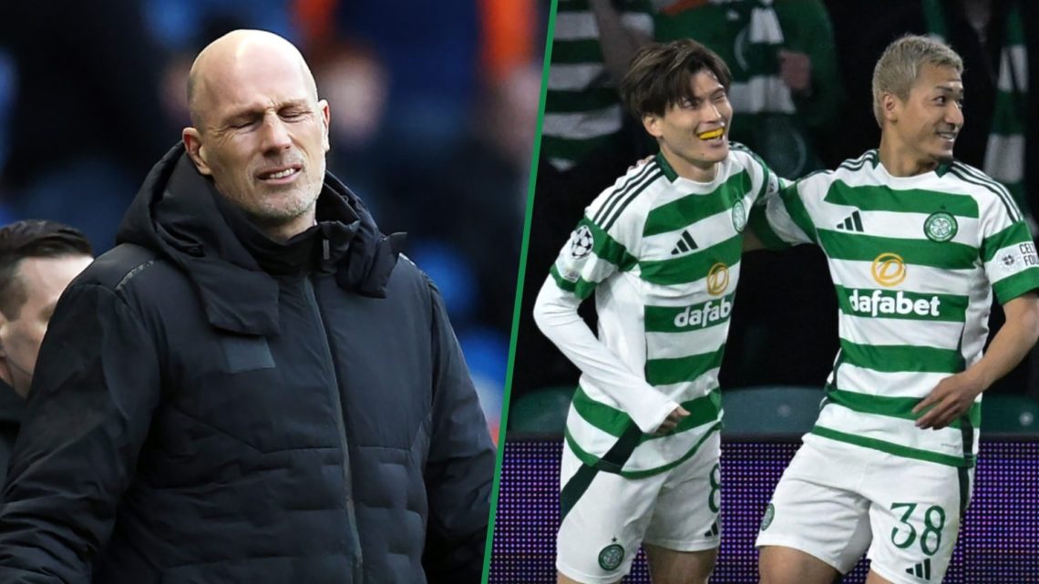Philippe Clement left and Celtic's Kyogo and Daizen Maeda right