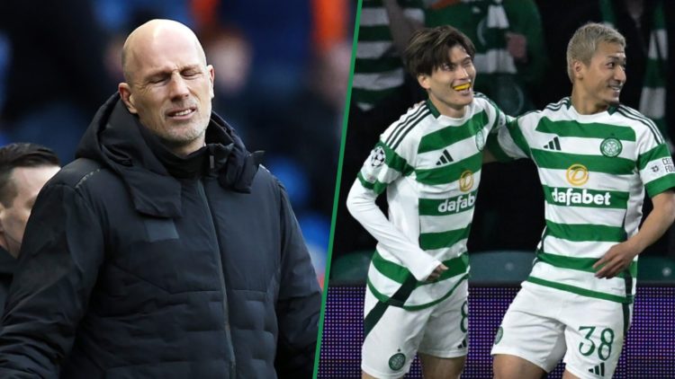 Philippe Clement left and Celtic's Kyogo and Daizen Maeda right