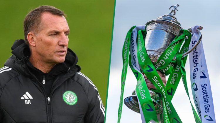 Brendan Rodgers left and Scottish Cup trophy right