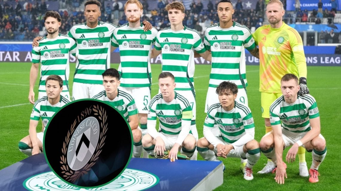 Celtic squad line up before game. Inset, Udinese badge.