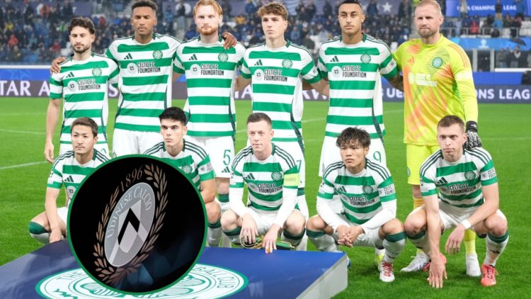Celtic squad line up before game. Inset, Udinese badge.