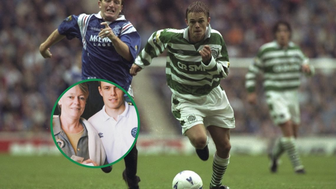 Simon Donnelly playing for Celtic against Rangers. Inset, Simon Donnelly poses with mum before title-winning game at Celtic Park.