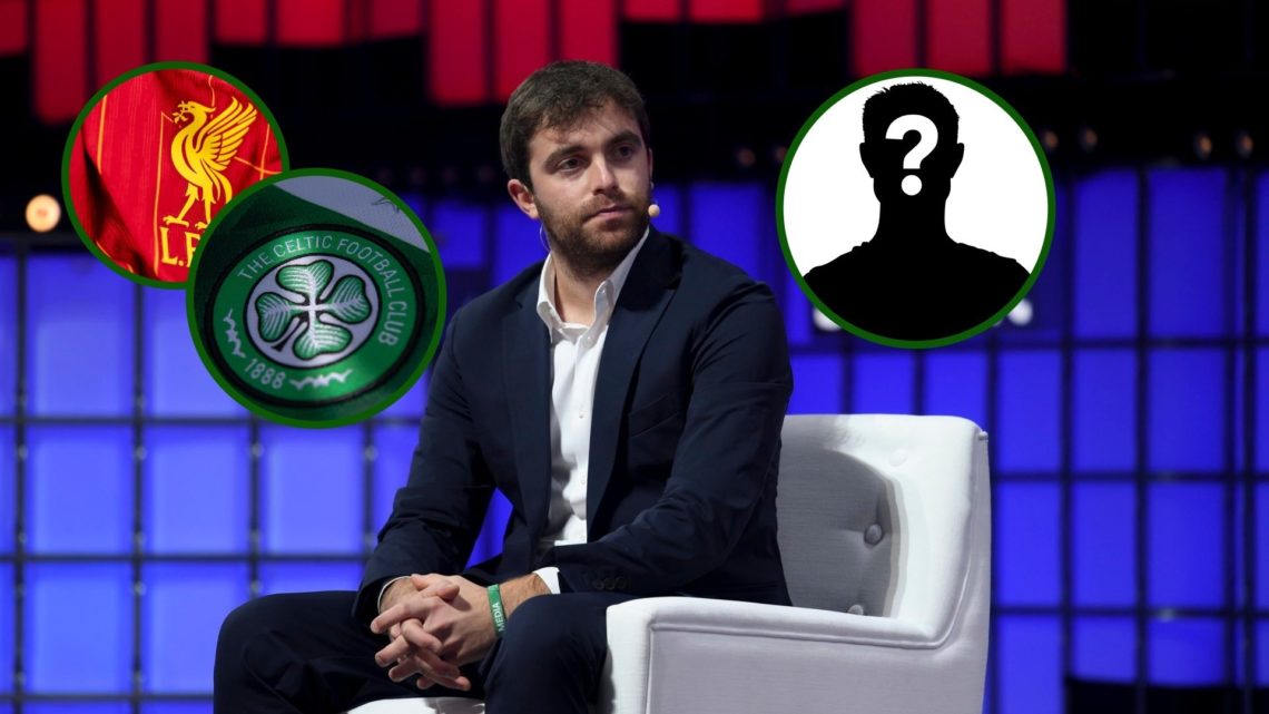 Four-way image of Fabrizio Romano with three overlays of a Celtic and Liverpool badge and a mystery player.