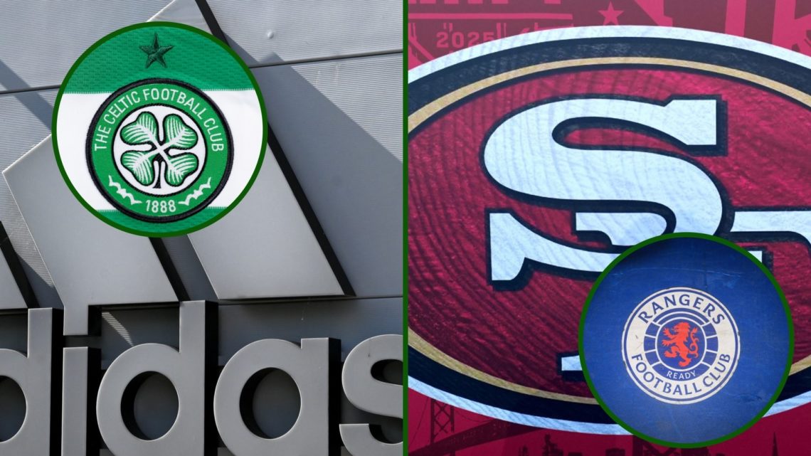 Split image of the Adidas and San Francisco 49ers logo with an overlay of Celtic and Rangers crests
