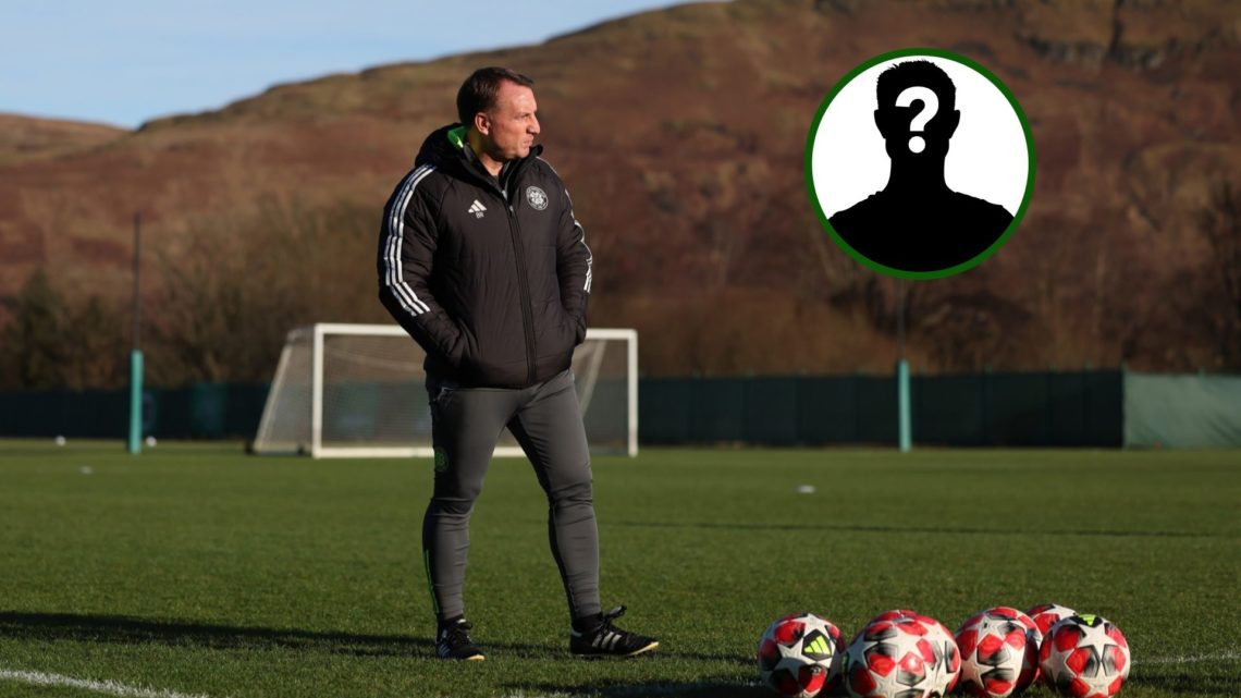 Two-way image of Celtic boss Brendan Rodgers in training at Lennoxtown with an overlay of a mystery Celtic player
