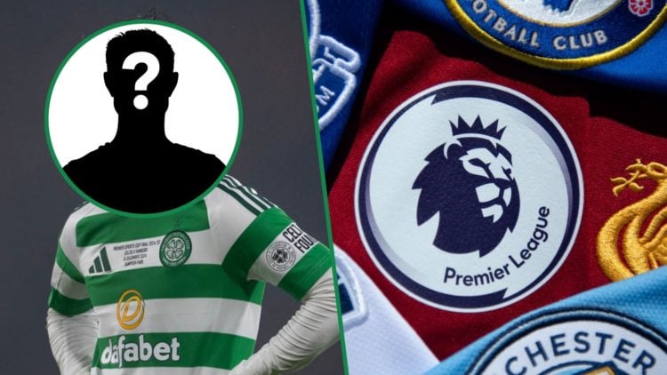 Celtic mystery man left and Premier League club badges right