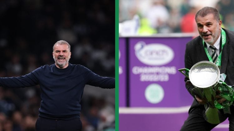 Ange Postecoglou raises his arms during Tottenham's defeat to Nottingham Forest, including Postecoglou celebrating Celtic's Premiership title win i...