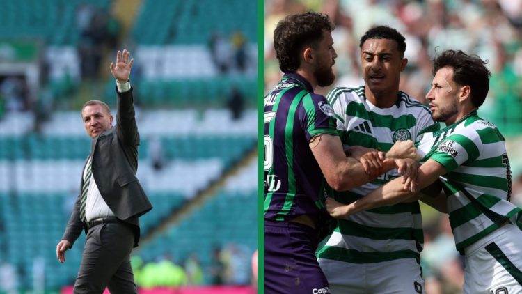 Brendan Rodgers waving to the crowd at Celtic Park before their game against Hibernian, Nicolas Kuhn in actions against Hibernian