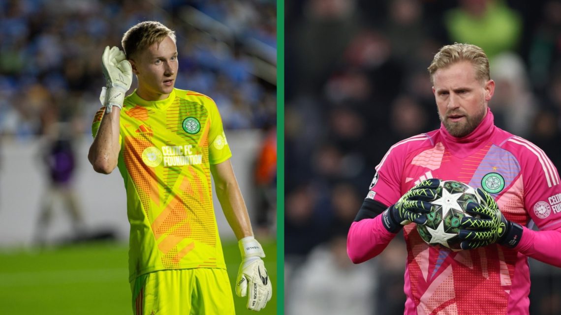 Viljami Sinisalo and Kasper Schmeichel in action for Celtic