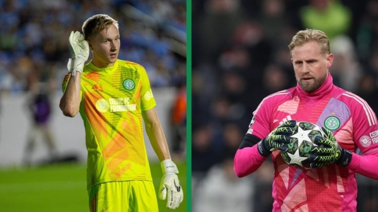 Viljami Sinisalo and Kasper Schmeichel in action for Celtic
