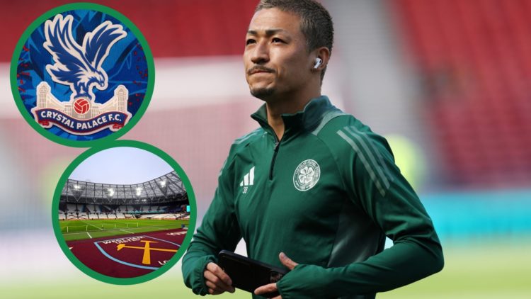 An image of the Crystal Palace badge, a view from the touchline at West Ham United's London Stadium and Daizen Maeda of Celtic