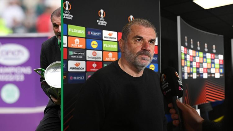 Ange Postecoglou celebrating the Premiership title with Celtic in 2023, and Postecoglou conducting an interview after Tottenham's win over Bodo/Gli...