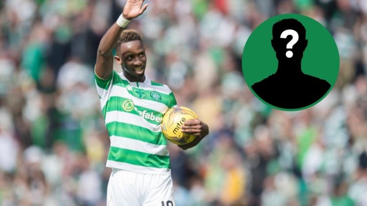 Moussa Dembele celebrates scoring a hat trick for Celtic against Rangers in 2016, an inset of a mystery man