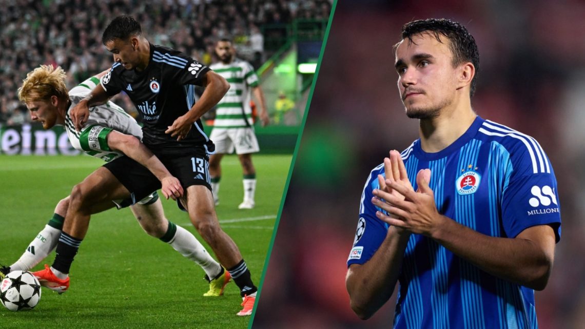 Liam Scales fends off a challenge from David Strelec during Celtic vs Slovan Bratislava, David Strelec applauds the fans after a Champions League game