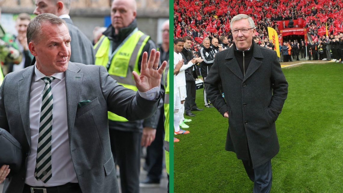 Celtic manager Brendan Rodgers waving to the fans, including Sir Alex Ferguson being given a guard of honour as a Manchester United player at Old T...