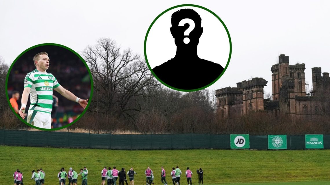Three-way image of Celtic's Lennoxtown training complex with overlay of Alistair Johnston and mystery player